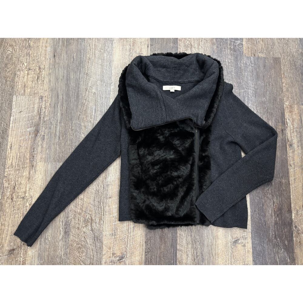 LOFT Ann Taylor Women Large Charcoal Grey Faux Fur Zip Front‎ Cardigan Sweater